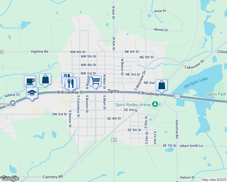 map of restaurants, bars, coffee shops, grocery stores, and more near in Spiro