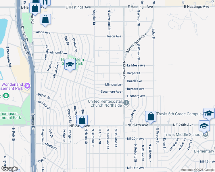map of restaurants, bars, coffee shops, grocery stores, and more near 1216 Mimosa Lane in Amarillo