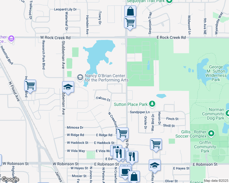 map of restaurants, bars, coffee shops, grocery stores, and more near 127 Crystal Circle in Norman