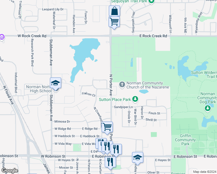 map of restaurants, bars, coffee shops, grocery stores, and more near 101 Crystal Circle in Norman