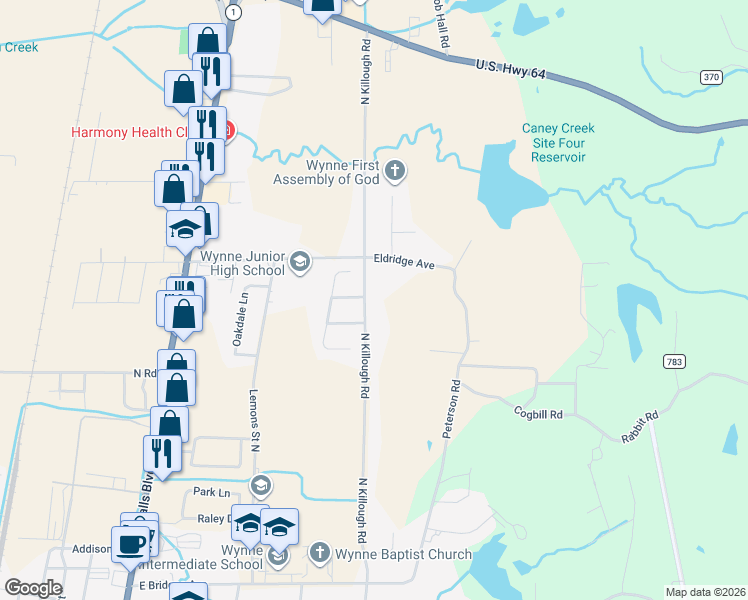 map of restaurants, bars, coffee shops, grocery stores, and more near 1782 North Killough Road in Wynne
