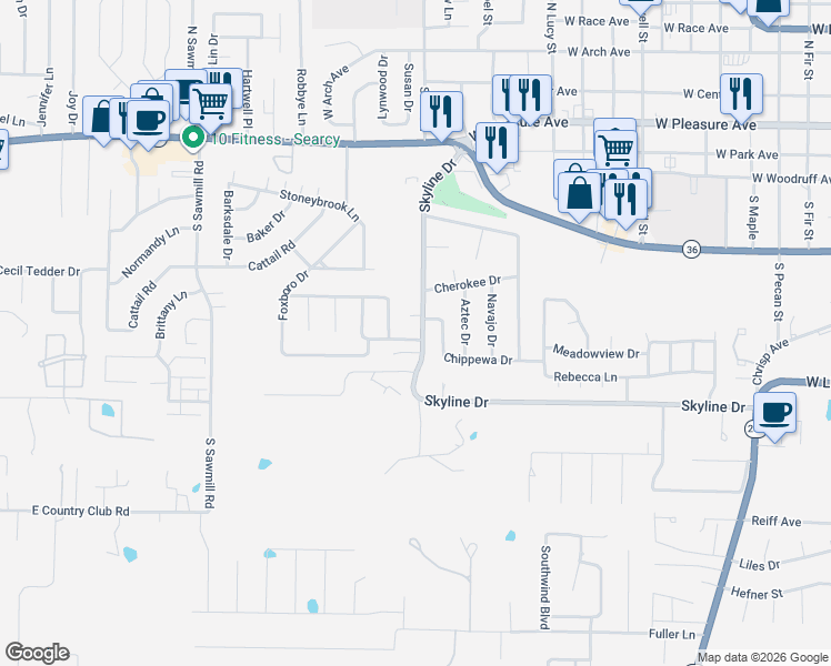 map of restaurants, bars, coffee shops, grocery stores, and more near 1 Weatherstone Drive in Searcy