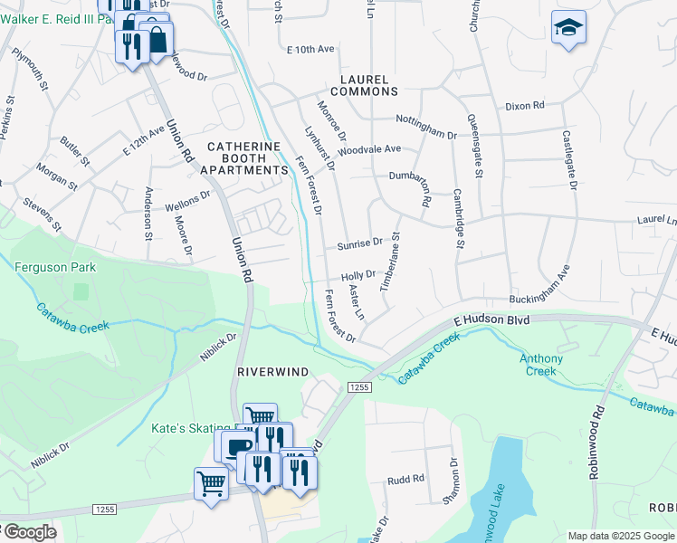 map of restaurants, bars, coffee shops, grocery stores, and more near 1623 Fern Forest Drive in Gastonia