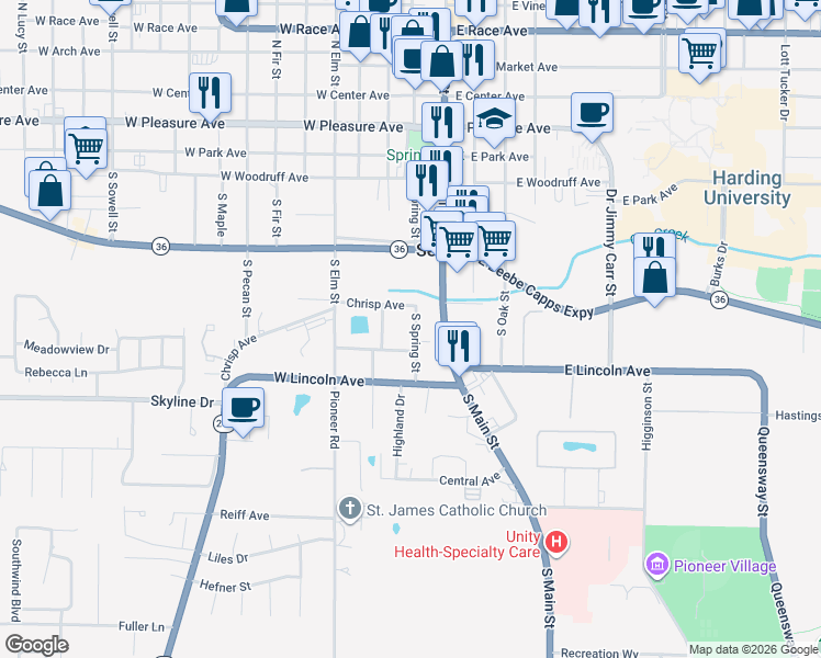 map of restaurants, bars, coffee shops, grocery stores, and more near 821 U.S. 67 Business in Searcy