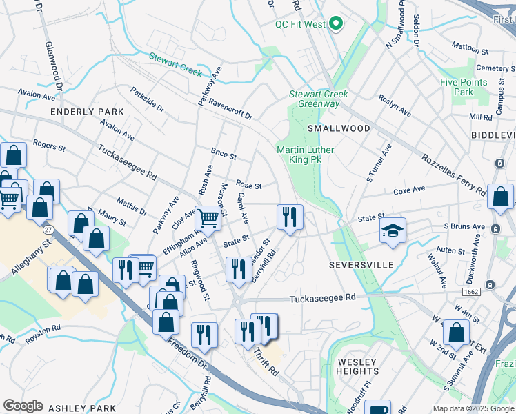 map of restaurants, bars, coffee shops, grocery stores, and more near 2627 Clydesdale Terrace in Charlotte