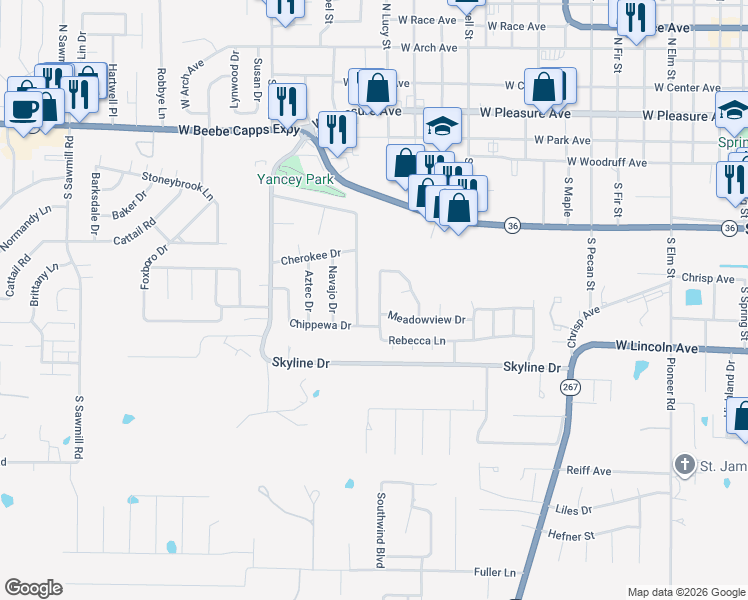 map of restaurants, bars, coffee shops, grocery stores, and more near 59 Rebecca Lane in Searcy