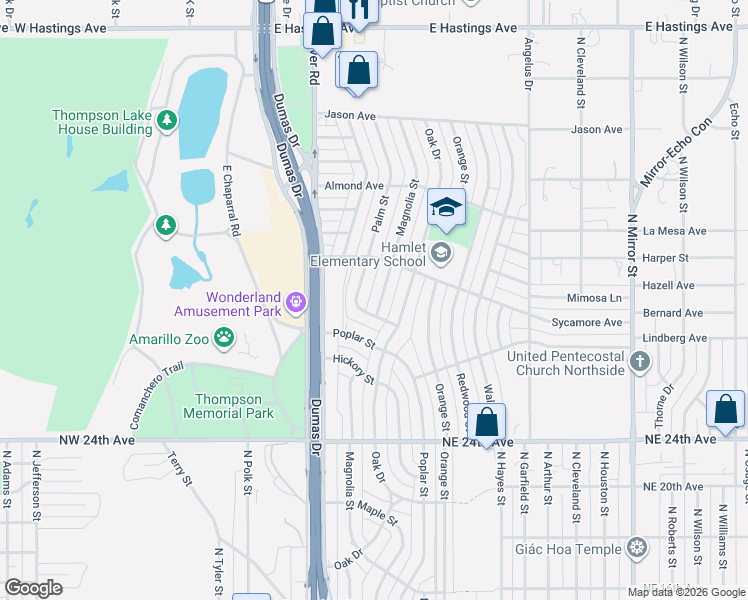 map of restaurants, bars, coffee shops, grocery stores, and more near 2712-2722 Palm Street in Amarillo