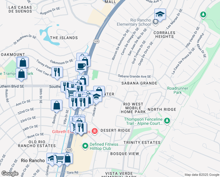 map of restaurants, bars, coffee shops, grocery stores, and more near 1031 Meadowlark Court Southeast in Rio Rancho