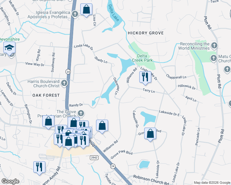 map of restaurants, bars, coffee shops, grocery stores, and more near 7325 Oakwood Lane in Charlotte