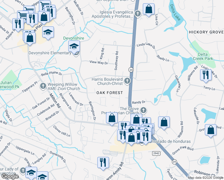 map of restaurants, bars, coffee shops, grocery stores, and more near 5143 Delivau Drive in Charlotte