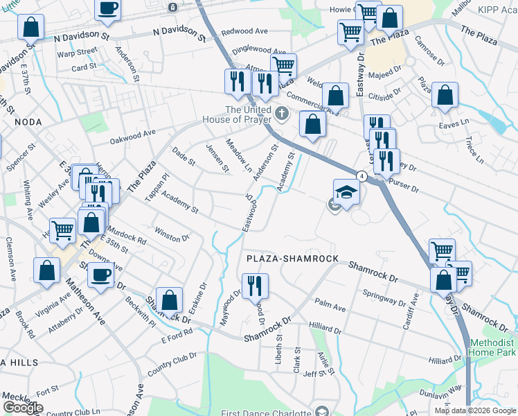 map of restaurants, bars, coffee shops, grocery stores, and more near 1807 Academy Street in Charlotte