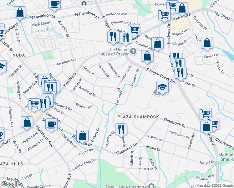 map of restaurants, bars, coffee shops, grocery stores, and more near 3523 Eastwood Drive in Charlotte