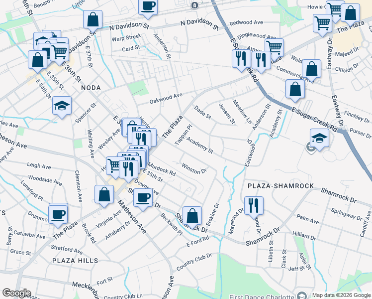 map of restaurants, bars, coffee shops, grocery stores, and more near in Charlotte