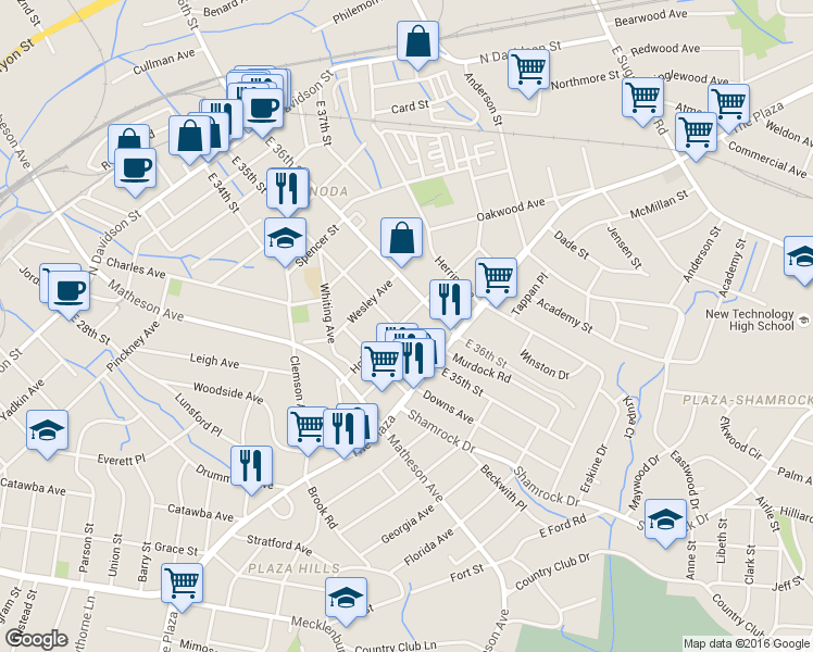 map of restaurants, bars, coffee shops, grocery stores, and more near 1210 East 35th Street in Charlotte