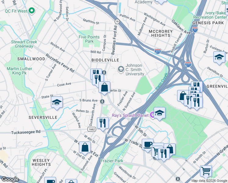 map of restaurants, bars, coffee shops, grocery stores, and more near 122 Martin Street in Charlotte