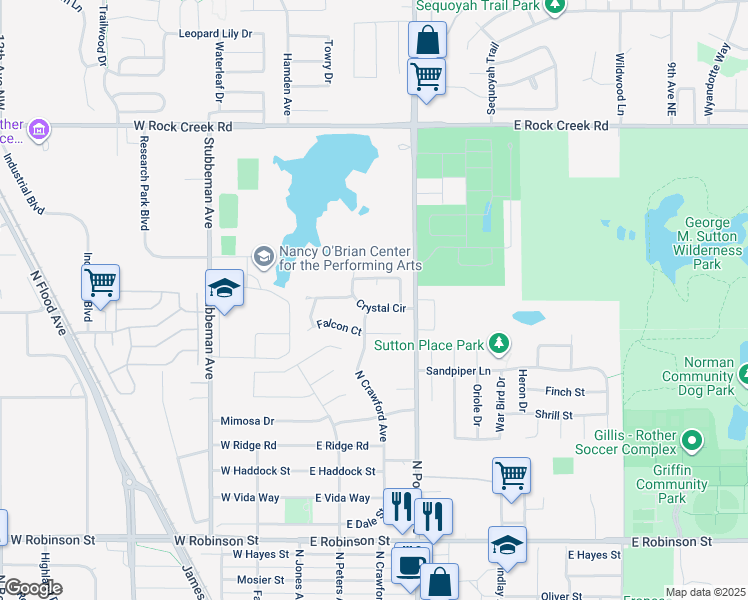 map of restaurants, bars, coffee shops, grocery stores, and more near 127 Crystal Circle in Norman