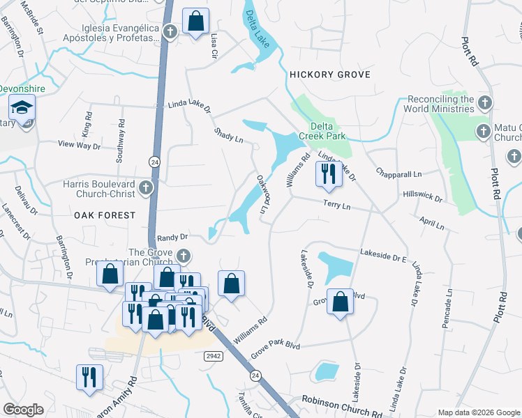 map of restaurants, bars, coffee shops, grocery stores, and more near 7325 Oakwood Lane in Charlotte