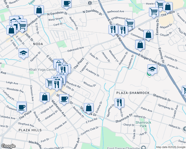 map of restaurants, bars, coffee shops, grocery stores, and more near 1442 Academy Street in Charlotte