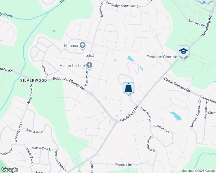 map of restaurants, bars, coffee shops, grocery stores, and more near 6000 Timbertop Lane in Charlotte