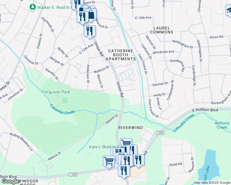 map of restaurants, bars, coffee shops, grocery stores, and more near 1717 Union Road in Gastonia