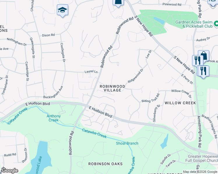 map of restaurants, bars, coffee shops, grocery stores, and more near 1681 Backcreek Lane in Gastonia