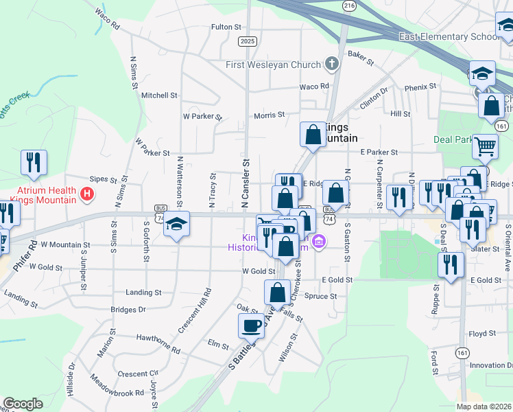 map of restaurants, bars, coffee shops, grocery stores, and more near 212 West King Street in Kings Mountain