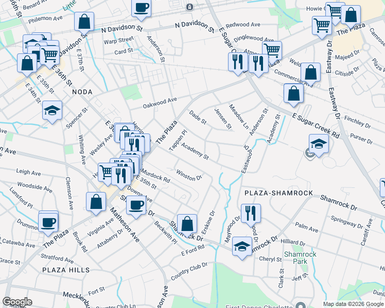 map of restaurants, bars, coffee shops, grocery stores, and more near 1501 Herrin Avenue in Charlotte