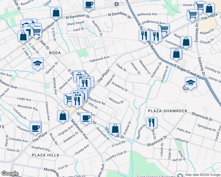 map of restaurants, bars, coffee shops, grocery stores, and more near in Charlotte
