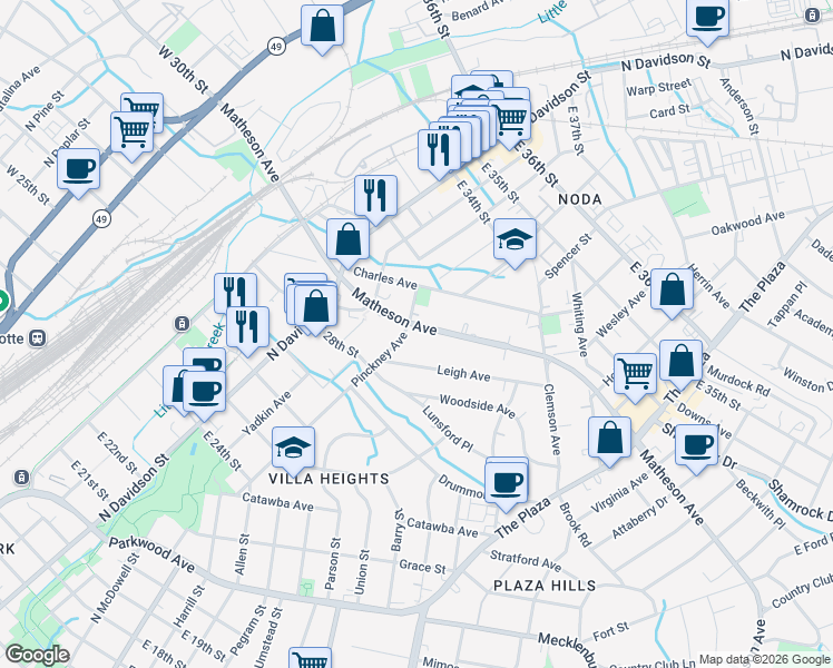 map of restaurants, bars, coffee shops, grocery stores, and more near 915 Leigh Avenue in Charlotte