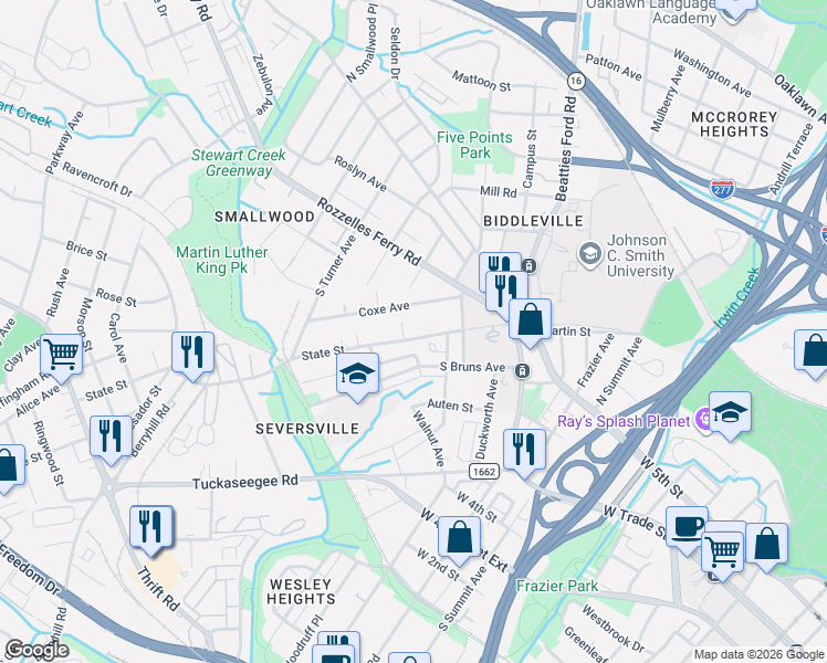 map of restaurants, bars, coffee shops, grocery stores, and more near 1711 Sumter Avenue in Charlotte