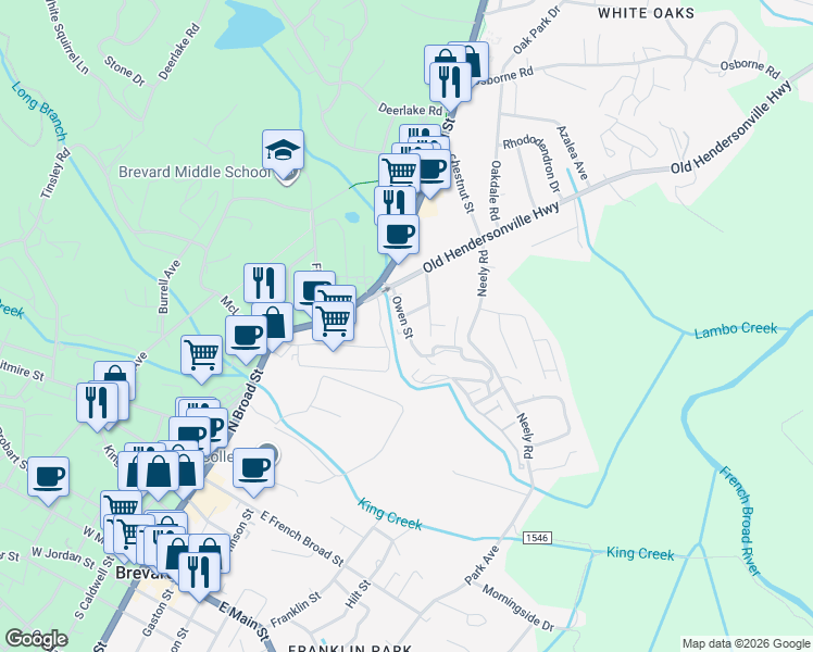 map of restaurants, bars, coffee shops, grocery stores, and more near 123 Owen Street in Brevard