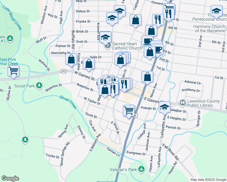 map of restaurants, bars, coffee shops, grocery stores, and more near 8 Public Square in Lawrenceburg