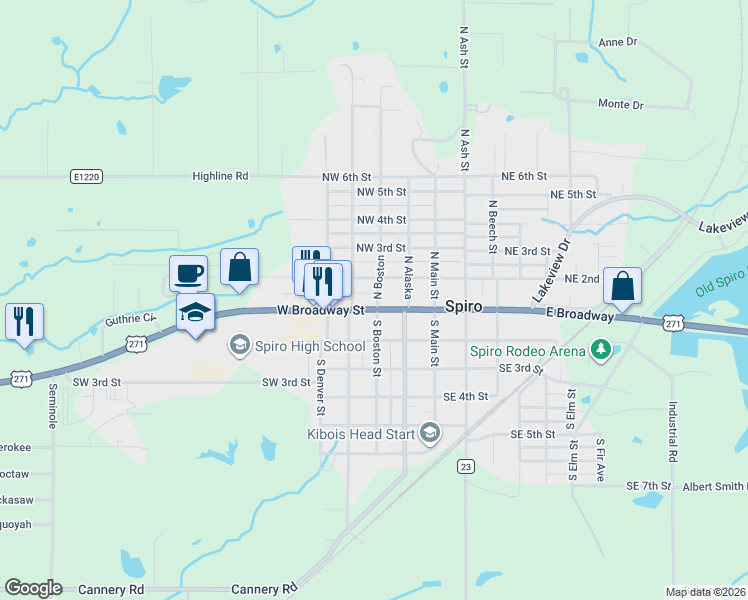 map of restaurants, bars, coffee shops, grocery stores, and more near 316 West Broadway in Spiro