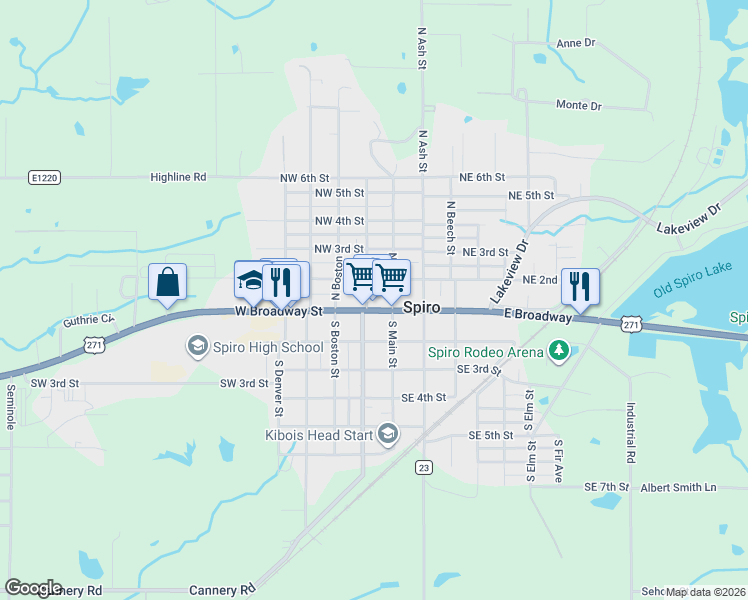 map of restaurants, bars, coffee shops, grocery stores, and more near 198-100 U.S. 271 in Spiro