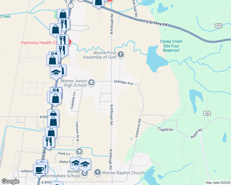 map of restaurants, bars, coffee shops, grocery stores, and more near 1782 North Killough Road in Wynne