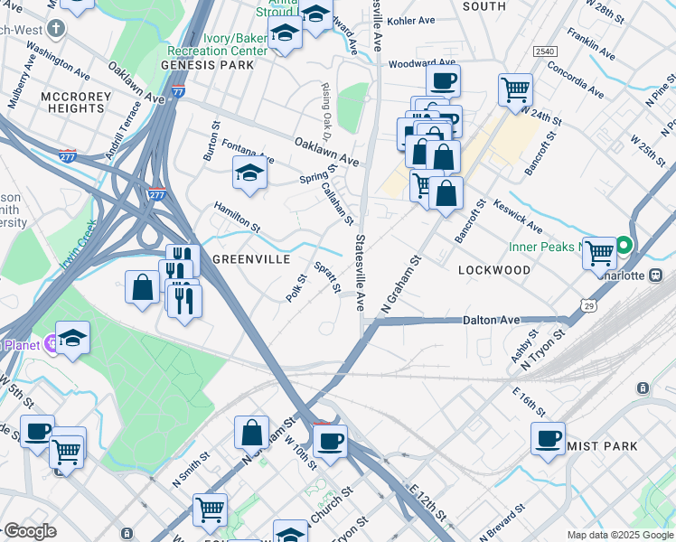 map of restaurants, bars, coffee shops, grocery stores, and more near 707 Spratt Street in Charlotte