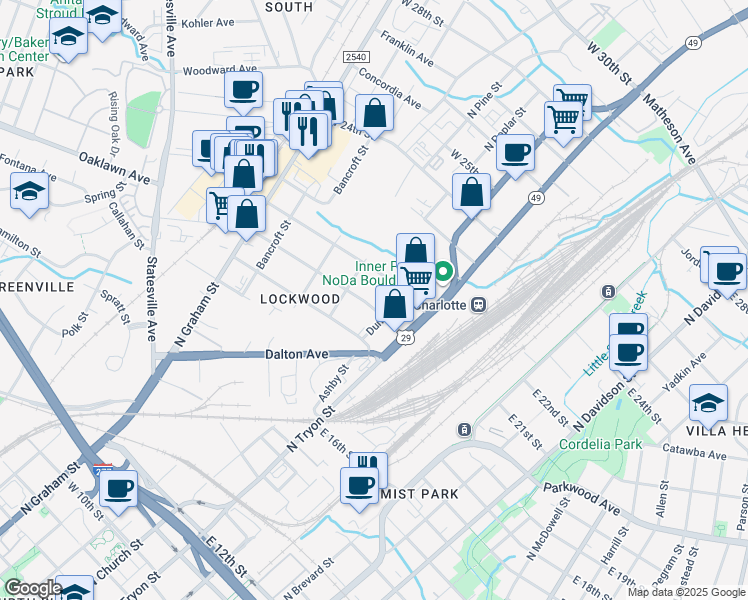 map of restaurants, bars, coffee shops, grocery stores, and more near 215 Sylvania Avenue in Charlotte