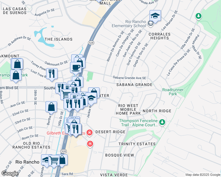 map of restaurants, bars, coffee shops, grocery stores, and more near 1061 Meadowlark Court Southeast in Rio Rancho