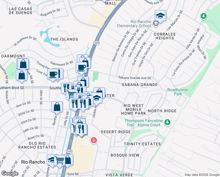 map of restaurants, bars, coffee shops, grocery stores, and more near 1031 Meadowlark Court Southeast in Rio Rancho