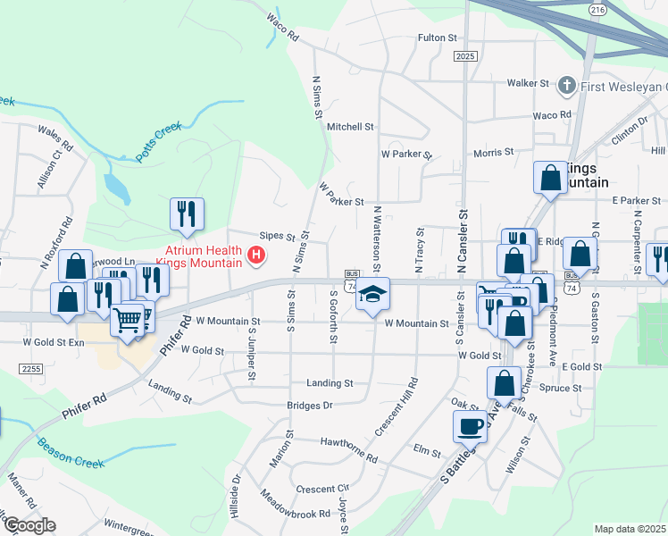 map of restaurants, bars, coffee shops, grocery stores, and more near 534-598 West King Street in Kings Mountain