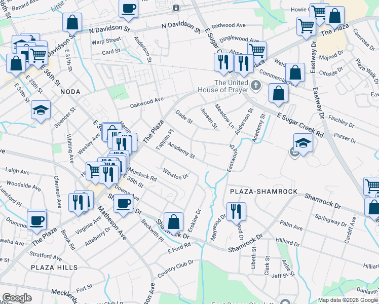 map of restaurants, bars, coffee shops, grocery stores, and more near 1500 Academy Street in Charlotte