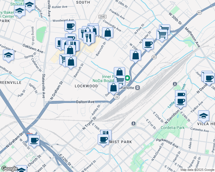 map of restaurants, bars, coffee shops, grocery stores, and more near 215 Sylvania Avenue in Charlotte