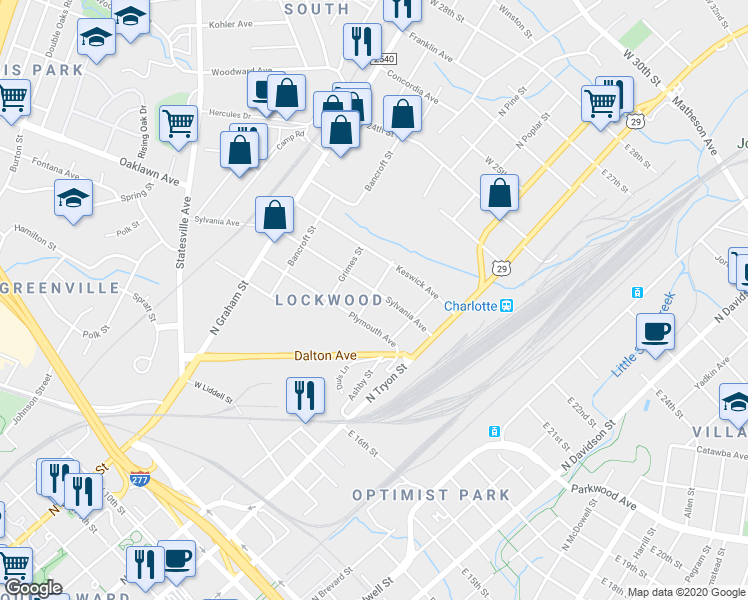 map of restaurants, bars, coffee shops, grocery stores, and more near 300 Plymouth Avenue in Charlotte