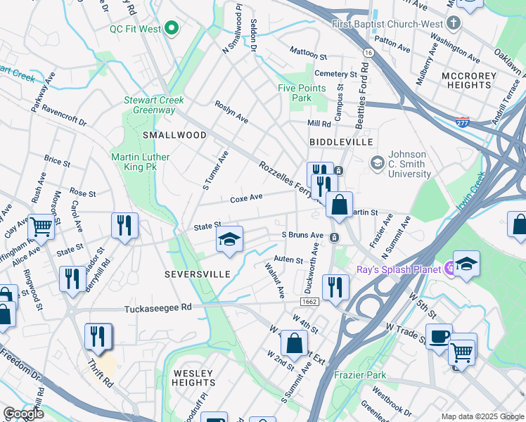 map of restaurants, bars, coffee shops, grocery stores, and more near 317 State Street in Charlotte