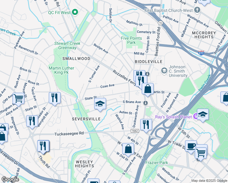 map of restaurants, bars, coffee shops, grocery stores, and more near 317 State Street in Charlotte