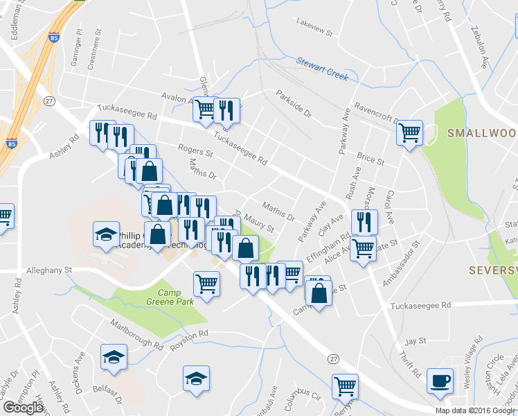 map of restaurants, bars, coffee shops, grocery stores, and more near 3157 Maury Street in Charlotte