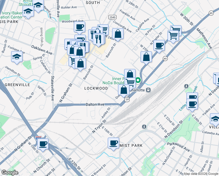 map of restaurants, bars, coffee shops, grocery stores, and more near 300 Plymouth Avenue in Charlotte