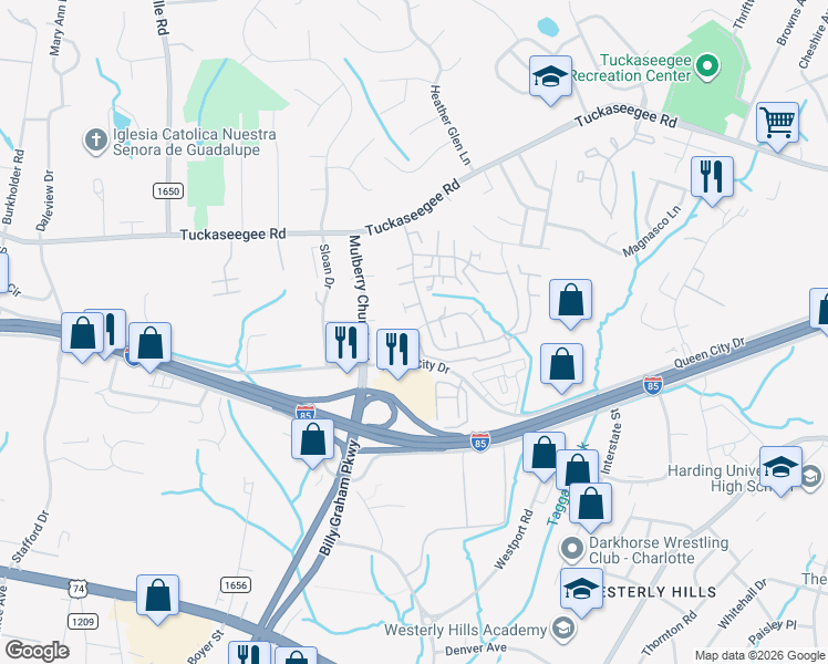 map of restaurants, bars, coffee shops, grocery stores, and more near 3105 Glen Haven Apartments Drive in Charlotte