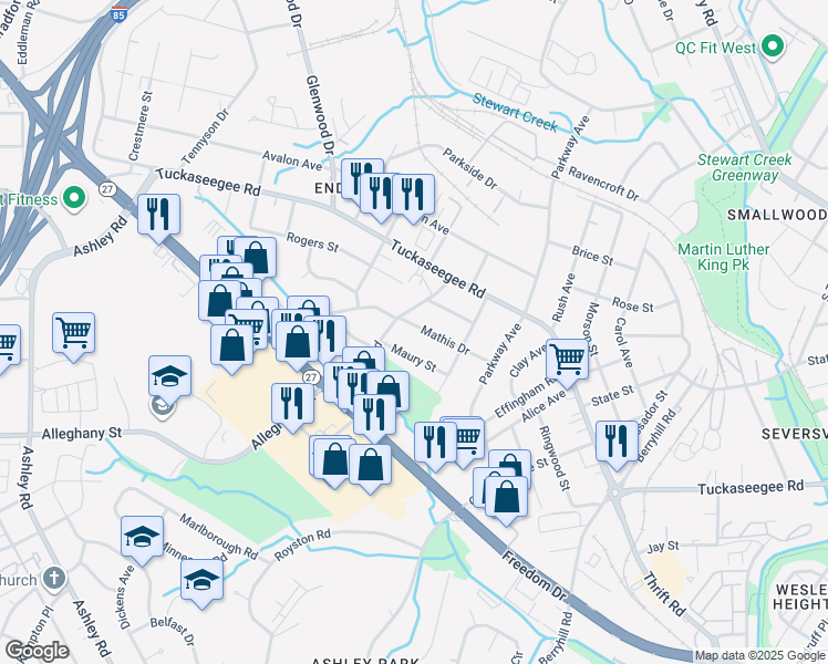 map of restaurants, bars, coffee shops, grocery stores, and more near 3141 Mathis Drive in Charlotte