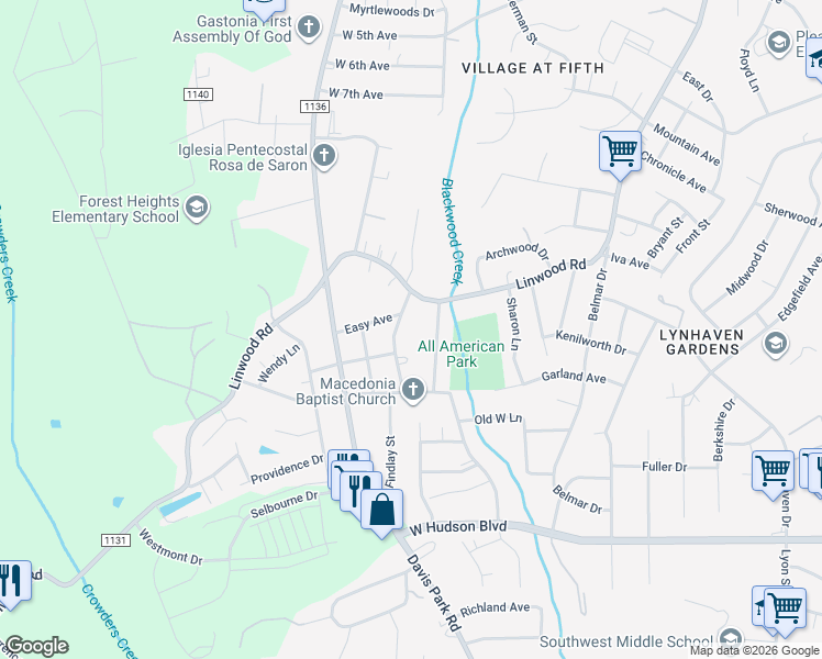 map of restaurants, bars, coffee shops, grocery stores, and more near 1524 Blackwood Street in Gastonia